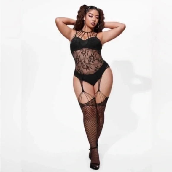Plus Black Fishnet Bodystocking Lingerie - Picture 2 of 8